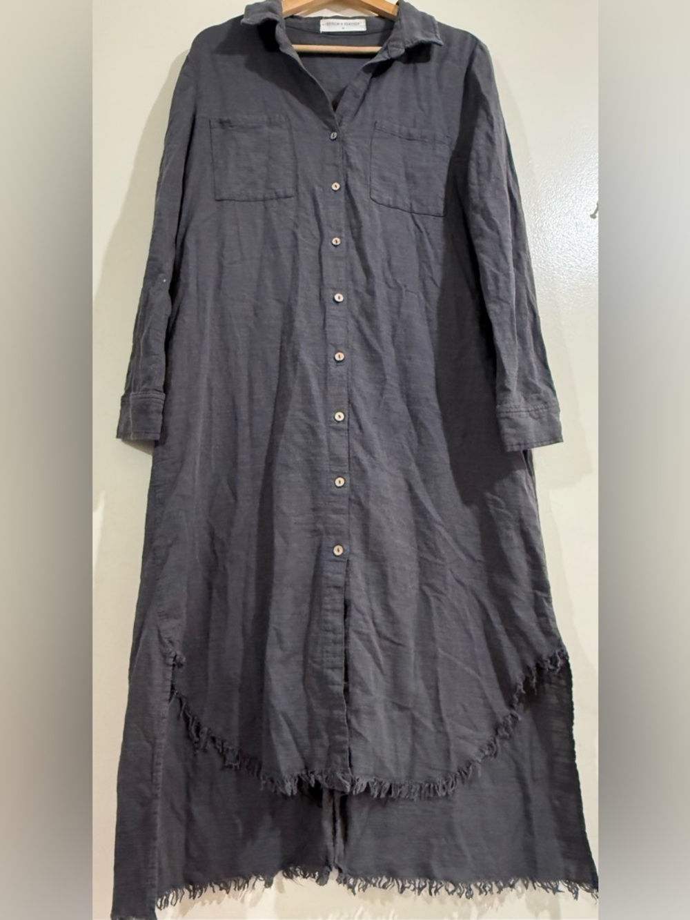STITCH + FEATHER Relaxed Button-Front Maxi Shirt Dress in Charcoal